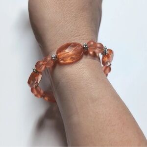 Peach Translucent Faceted and Silver Beaded Stretch Bracelet